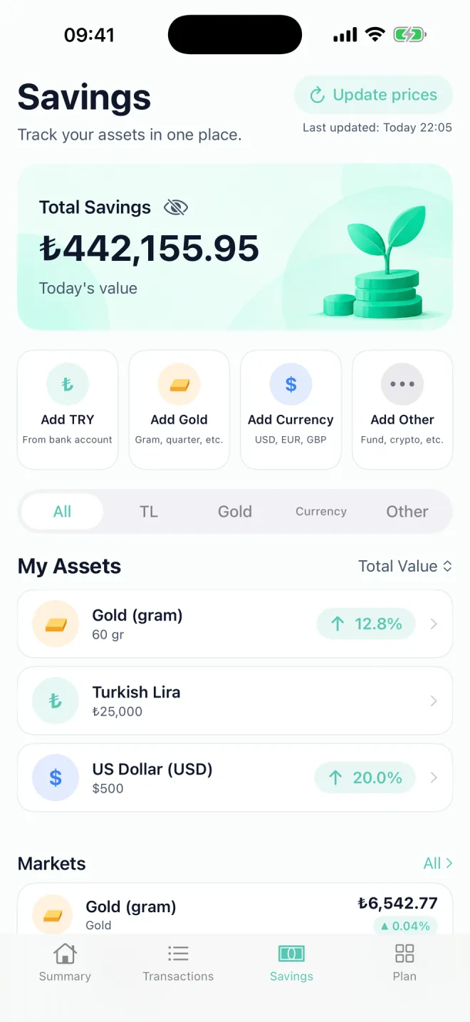 Savings screen: total savings ₺442,155