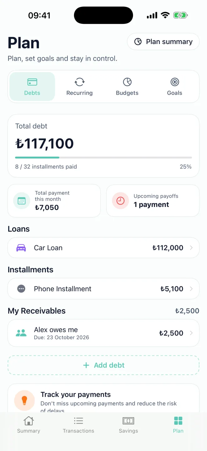 Plan screen: debts and installments